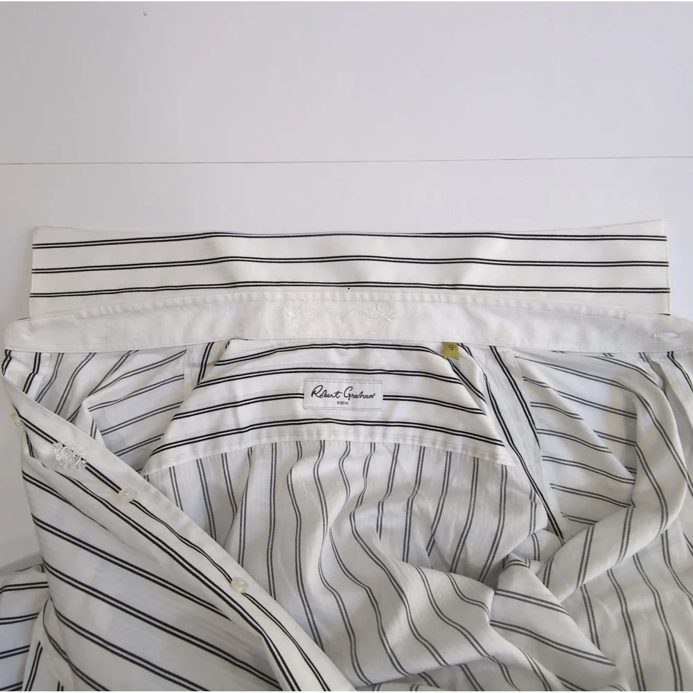 Robert Graham Flip Cuff Long Sleeve Shirt Mens 2XL 18 46 White Black Stripe